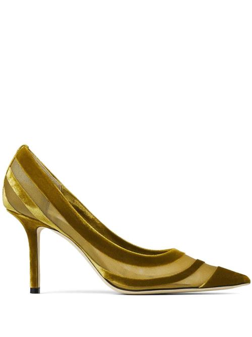 Love 85- Décolleté in citrine yellow and gold flocked mesh with stripes Jimmy Choo | LOVE85FSKCITRINE/GOLD